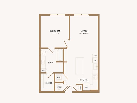 Floor plan for 1 bed, 1 bath, 728 sqft